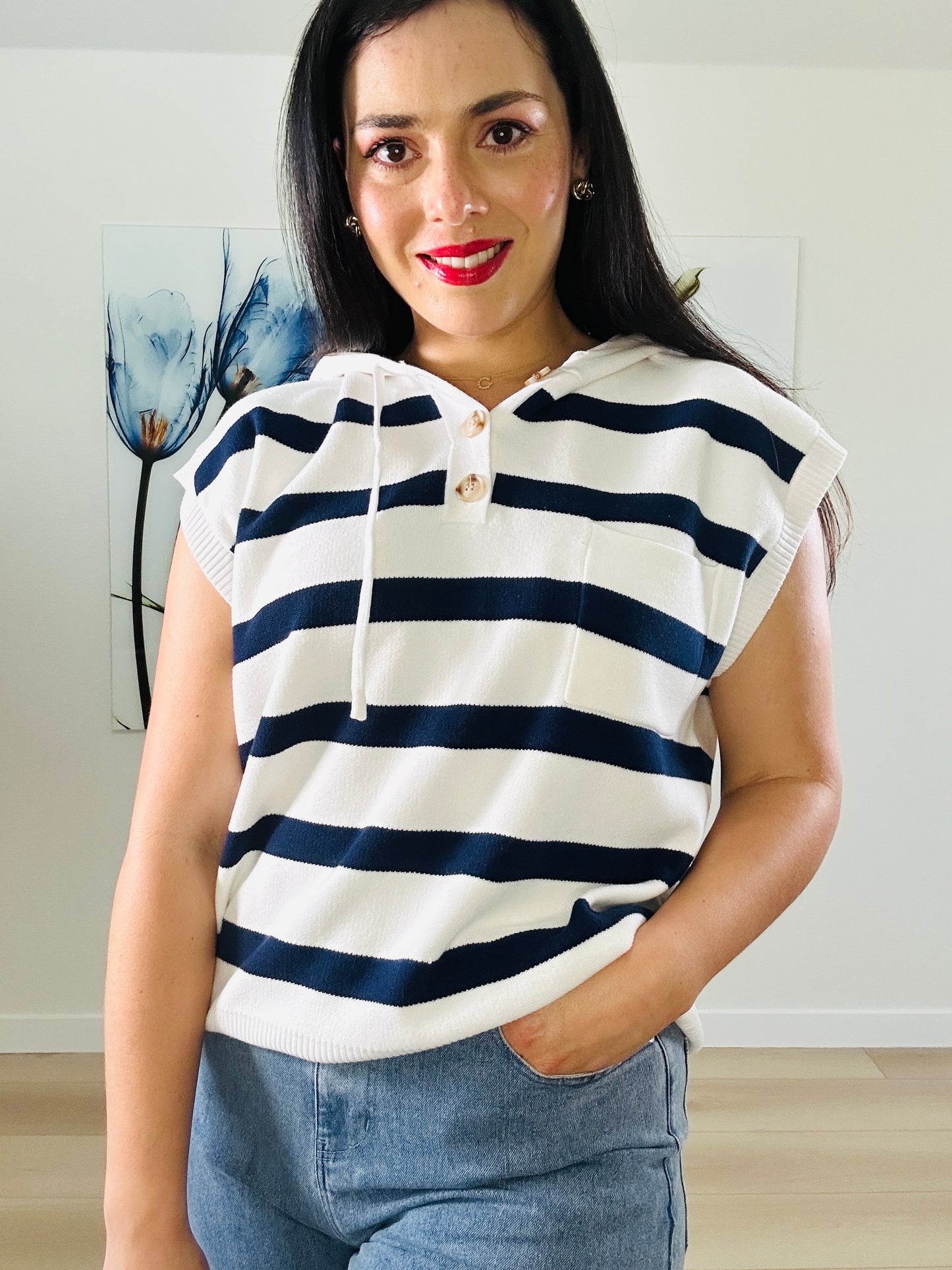 White & Navy Short Sleeve Sweater