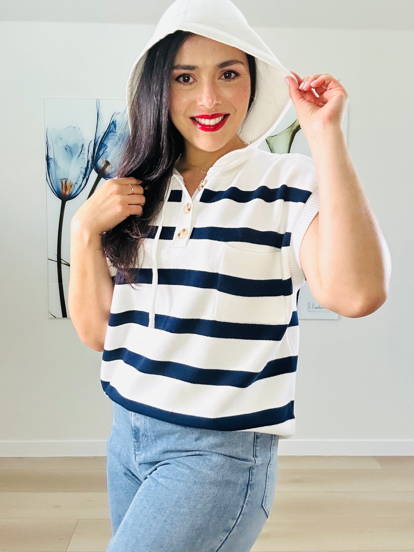 White & Navy Short Sleeve Sweater