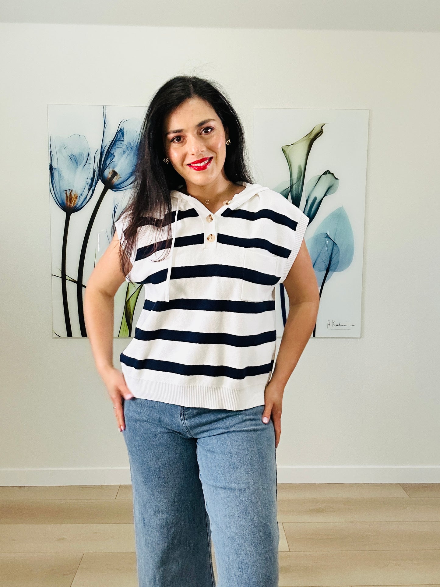 White & Navy Short Sleeve Sweater
