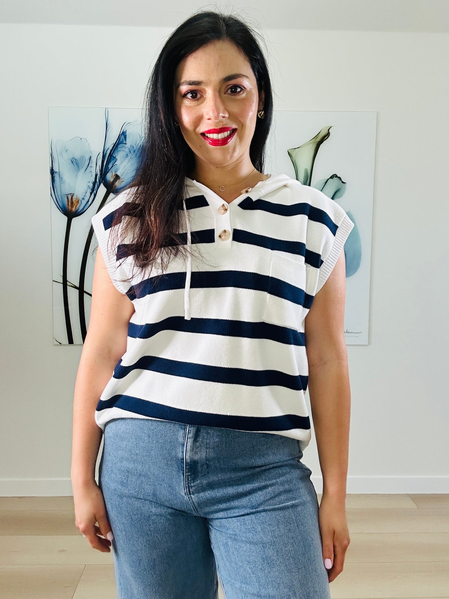 White & Navy Short Sleeve Sweater